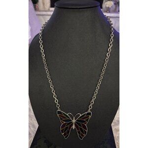Silver Butterfly Suncatcher Necklace With Red & Green Stained Glass Design On Ch